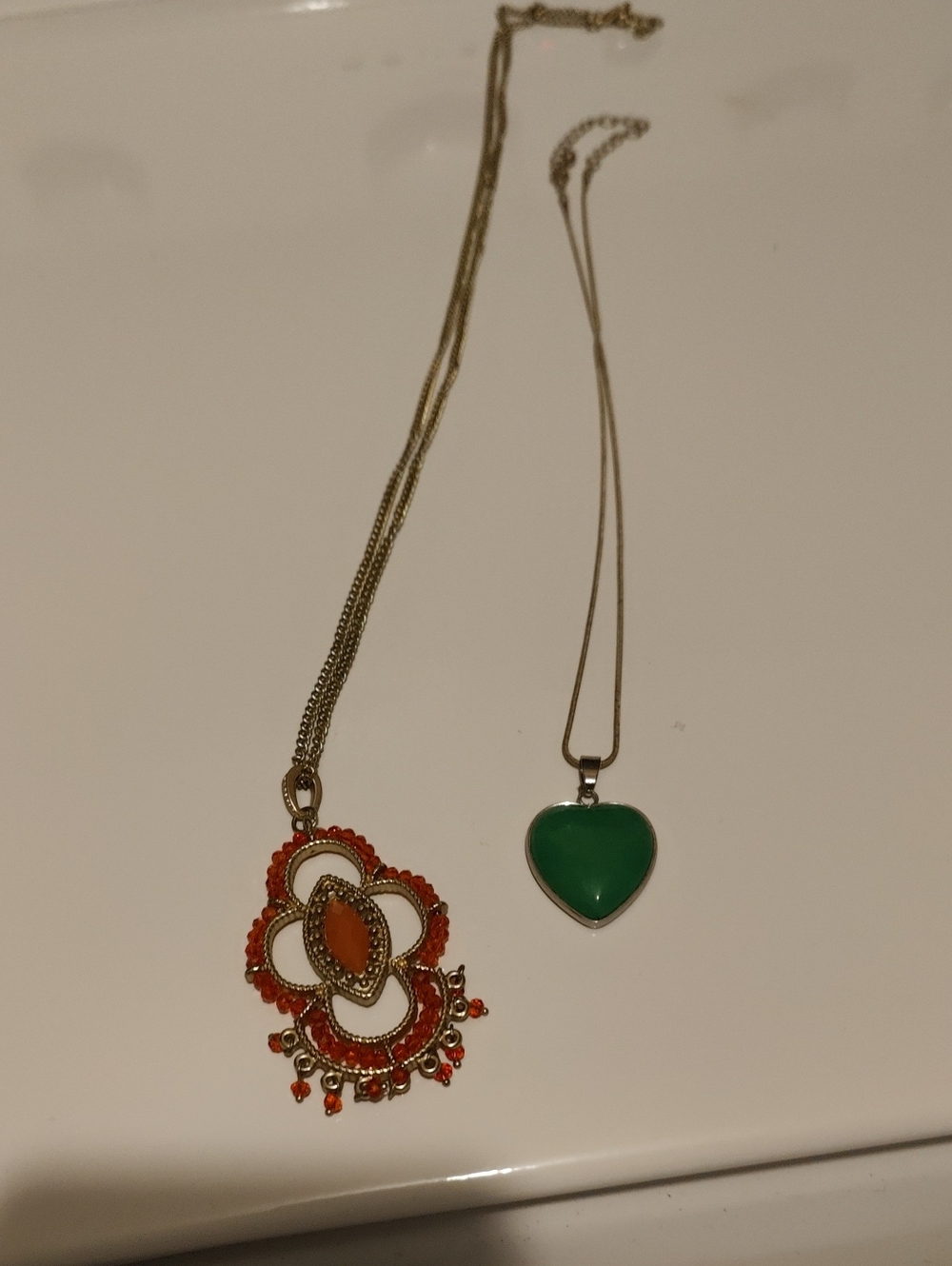 Two Necklaces Green Heart And Orange Obstract